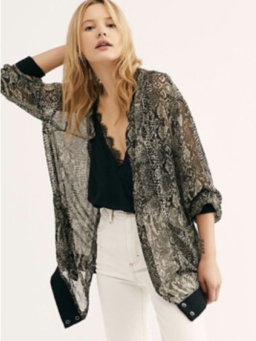 Free People Sheer Snake-Print Bomber Jacket - Black, Gray